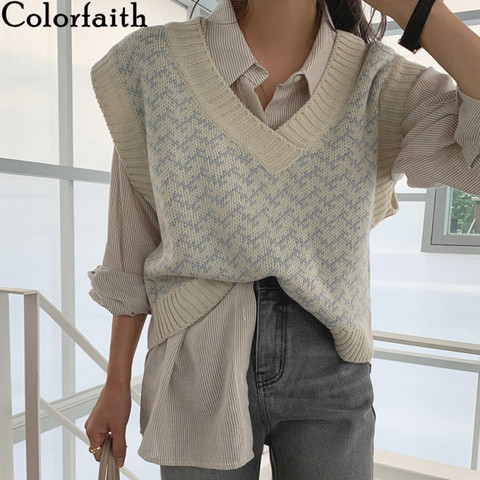 Colorfaith 2022 nuevo invierno primavera de las mujeres suéteres Jersey chaleco sin mangas chaleco coreano Oversize a cuadros, SWV18191 ► Foto 1/6