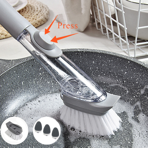 Cepillo de limpieza de cocina 2 en 1 con mango largo, dispensador de esponja extraíble, cepillo utensilios de cocina ► Foto 1/6