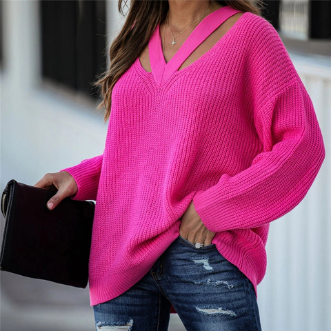 Fitshinling-suéteres con cuello de pico para mujer, Pulovers informales para mujer, suéter de punto bohemio para vacaciones, jersey liso de manga larga de gran tamaño, Top de invierno ► Foto 1/6