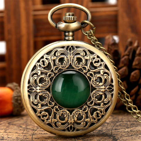 Reloj de bolsillo de cuarzo y bronce para hombres y mujeres, cronógrafo con piedra verde tallada, colgante de collar antiguo, regalo, números arábigos, esfera de exhibición ► Foto 1/6