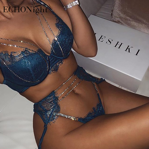 Echonight-Conjunto de ropa interior con diamantes de imitación para mujer, conjunto de lencería brillante de realce, sujetador y Tanga Con aros, lencería para mujer, venta al por mayor ► Foto 1/6