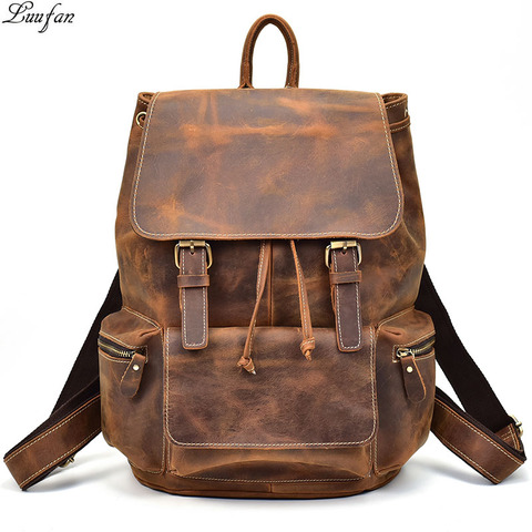 Mochila vintage crazy horse de cuero de vaca para hombre y mujer, morral Unisex de piel de vaca de 14 