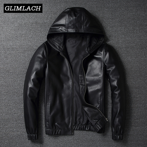 Chaqueta de bombardero de cuero genuino de motocicleta para hombre piloto de piel de oveja chaqueta de cuero Real con capucha Aviation Flight Slim Hombre abrigo de piel de cordero ► Foto 1/6