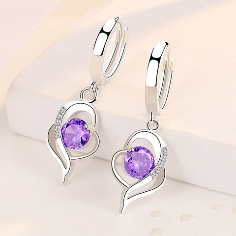 Fanqieliu-pendientes violeta de cristal Natural para mujer, joyería, regalo de boda, doble Corazón, Pendientes colgantes de plata fina 925, FQL20388 ► Foto 1/6