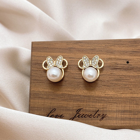 Pendientes de perlas de cristal coreanos para Mujer, aretes pequeños con lazo Simple, joyería para orejas, regalo de boda para Mujer ► Foto 1/6