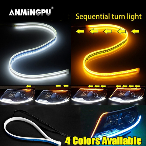 ANMINGPU-tira de luces LED DRL secuencial, intermitente, amarillo brillante, Flexible, Drl, luz de conducción diurna, para faro delantero de coche, 1 par ► Foto 1/6