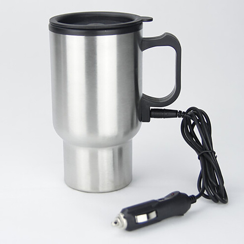 Taza calefactora de coche de 12 V, taza eléctrica de viaje de acero inoxidable de 450ml para calentar agua, café, leche con tapa, Cargador automático ► Foto 1/4