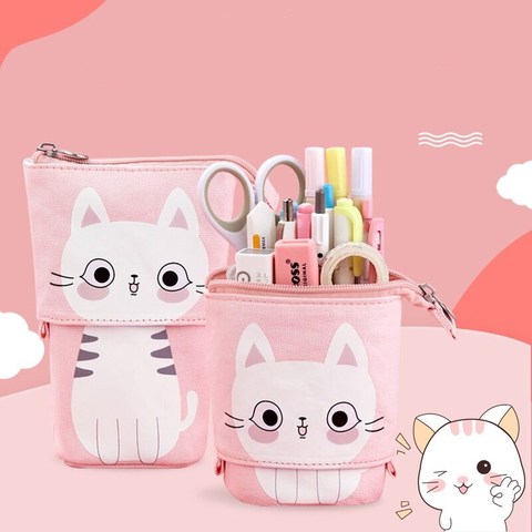 Creativo de lona retráctil estuche para lápices Kawaii gato estuches lápices escolar gran bolsa de papelería pluma bonita titular regalos para los niños lápiz bolsa ► Foto 1/6