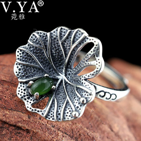 V.YA-Anillo de hoja de loto de Plata de Ley 925 para mujer, anillos de piedra de jaspe ajustables, joyería para fiesta y boda ► Foto 1/6