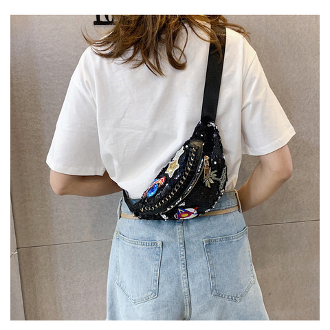 Riñonera de lentejuelas para mujer, bolso de hombro para chicas, brillo a la moda, riñonera de pecho, monedero, bolsa de regalo, color negro ► Foto 1/6