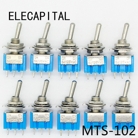 Interruptores de palanca en miniatura, Mini MTS-102 azul, 3 pines, SPDT, ON-ON, 6A, 125VAC, 10 Uds. Por lote ► Foto 1/4