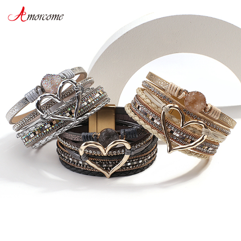 Amorcome-pulsera de cuero trenzado multicapa para mujer, brazalete de resina, piedra, dije de corazón hueco, regalo ► Foto 1/6