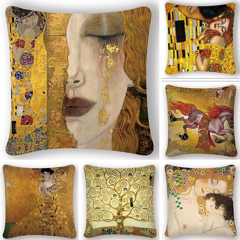 Funda de cojín con pintura al óleo para silla, cobertor de cojín con estampado de diseño dorado de Gustav Klimt, funda decorativa de estilo vintage para almohada de silla ► Foto 1/6