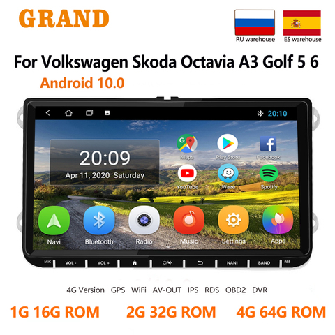 Radio Multimedia con GPS para coche, Radio con reproductor, Android 10, ocho núcleos, 4 GB + 64 GB, navegador, 2DIN, para VW, Skoda, Octavia,,RDS,Carplay,For 9inch vw gps radio ► Foto 1/6