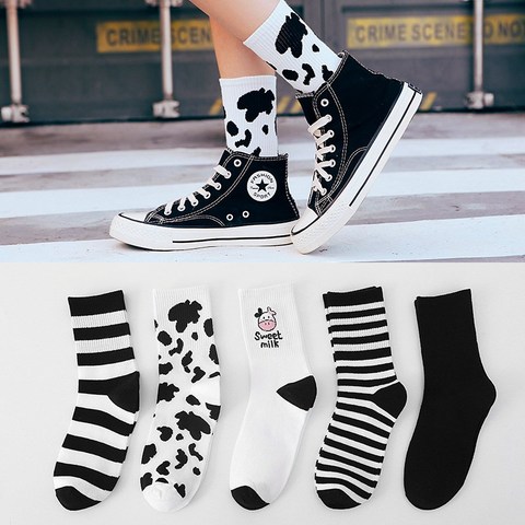 Nuevas llegadas estampado de vaca calcetín hermoso Harajuku estilo japonés de algodón de las mujeres, calcetines de rayas sólido transpirable Casual calcetines de dibujos animados ► Foto 1/6