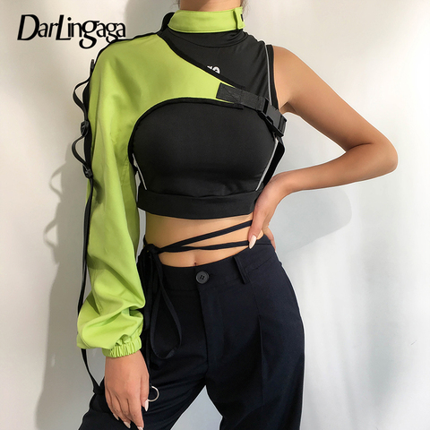 Darlingaga-Sudadera estilo Halter de neón para mujer, ropa de calle, sudadera estilo Halter con hebilla reflectante, sudaderas de un solo hombro, prendas de vestir holográficas ► Foto 1/6