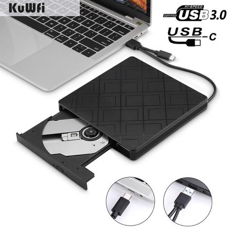 KuWFi-unidad de DVD externa USB 3,0, tipo C, DVD, RW, CD, Rewriter Burner, reproductor de unidad óptica portátil para Windows 10, 7, 8 XP, Mac OS ► Foto 1/5