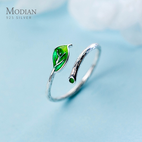 Modian-Anillo de rama de hojas de esmalte verde para mujer, joya de Plata de Ley 925 auténtica, planta de tamaño libre, joyería fina ► Foto 1/5