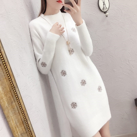 Suéter de punto para mujer, jersey de imitación de visón, Cachemira, suelto, de talla grande 3XL, vestido blanco, suéter de cuello alto Medio ► Foto 1/6