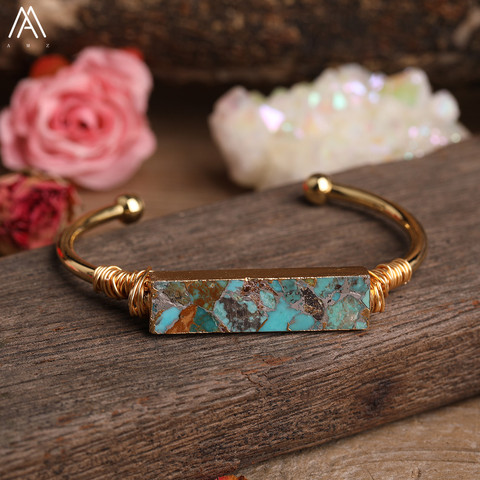 Cuentas rectangulares de piedra turquesas naturales para mujer, brazalete abierto, pulsera de Amistad de oro, regalo de joyería, BG017AMBD ► Foto 1/5