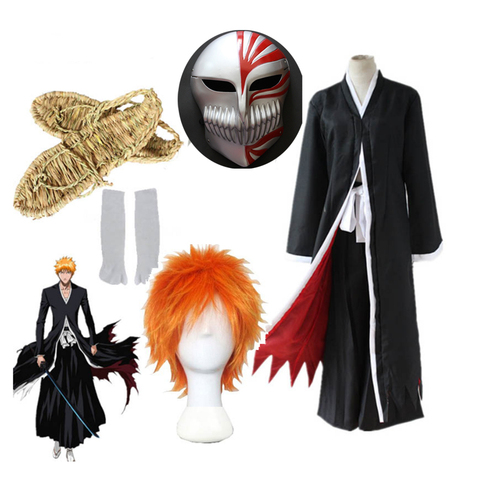 Anime Cosplay Bleach trajes Ichigo Kurosaki máscara de Hollow hombres Ichigo peluca negro capa con paja calcetines tipo sandalia Tops y pantalones conjunto ► Foto 1/6