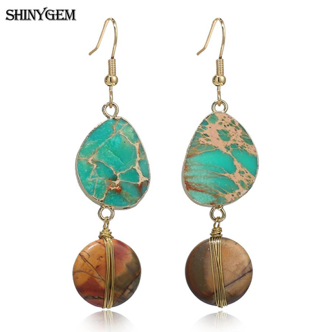 ShinyGem-pendientes bohemios para mujer, de sedimento marino, piedra jaspe Imperial, cuentas de bobinado de alambre dorado, aretes colgantes largos para boda ► Foto 1/6