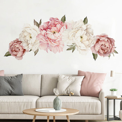 Pegatinas de pared con flores de peonía rosa para niños, decoración de pared para habitación de niños, sala de estar, dormitorio, hogar, decoración del hogar, guardería ► Foto 1/6