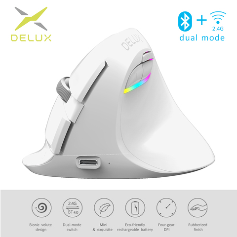 Delux M618 Mini ratón inalámbrico Bluetooth 4,0 + 2,4 GHz modo dual ergonómico recargable silencioso clic Vertical ratones para PC blanco ► Foto 1/6