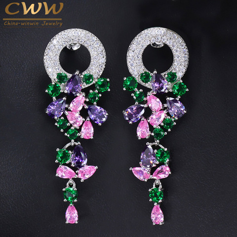 CWWZircons de Laides traje Color de plata de la joyería largo pendientes multicolor CZ pendientes para las mujeres CZ096 ► Foto 1/6