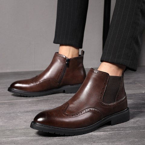 Otoño principio del invierno de los hombres botas Chelsea de cuero de los hombres de la marca de moda tobillo botas antideslizantes zapatos de hombre negro marrón 2022 ► Foto 1/5