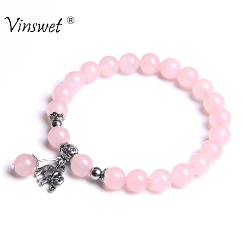 Pulseras de abalorios bohemios para mujer y hombre, brazalete de cuentas de Cuarzo Rosa Natural, colgante de búho y elefante, joyería ► Foto 1/6