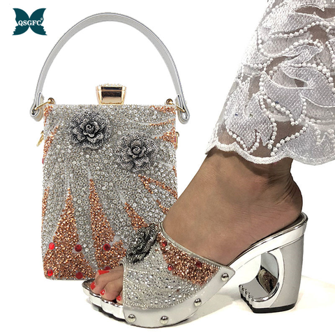 Zapatos italianos a la moda y conjuntos de bolsos para mujer, zapatos plateados con apliques para sandalias africanas, novedad de 2022 ► Foto 1/6