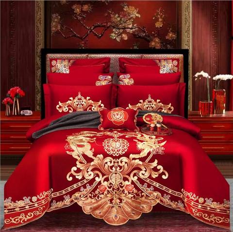 Juego de cama de lujo con bordado de Fénix Dorado Loong, funda de edredón de algodón puro rojo de estilo chino para boda, Sábana de lino, fundas de almohada ► Foto 1/6