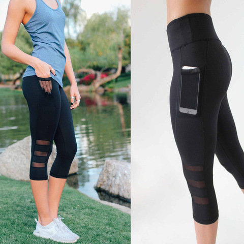 Mallas deportivas de malla con bolsillo para mujer, Leggings elásticos para Yoga, correr, entrenamiento, gimnasio, color negro ► Foto 1/6