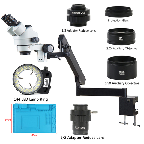 Microscopio estéreo Trinocular simul-focal 3.5X-90X, abrazadera de brazo articulado, lente objetivo auxiliar, lámpara LED 144 para soldadura ► Foto 1/5