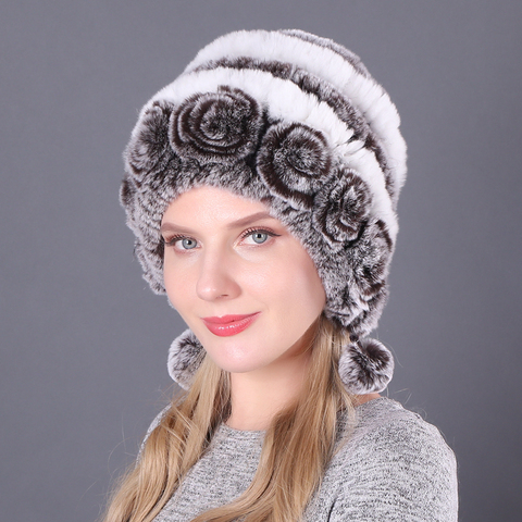 Gran oferta de invierno de las mujeres flores rayas Natural piel de conejo Rex auténtica sombreros de señora de punto cálido genuino gorros con pelo ruso al aire libre sombreros de piel ► Foto 1/6