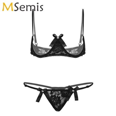 Las mujeres de encaje Lencería Micro Bikini conjunto Porno abierta estante para tazas Bra + G-String escritos erótica Pijamas Mujer sexo Stripper ropa ► Foto 1/6