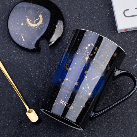 Tazas de cerámica con 12 Constelaciones, tazas creativas con tapa de cuchara, porcelana de cielo estrellado dorada, taza de café de leche del zodiaco, 1 Uds. ► Foto 1/6