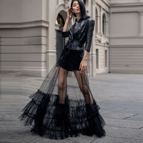 Falda larga de tul transparente de una capa para mujer, falda larga de color negro con volantes, de sobrefalda de tul, personalizada, barata ► Foto 1/6