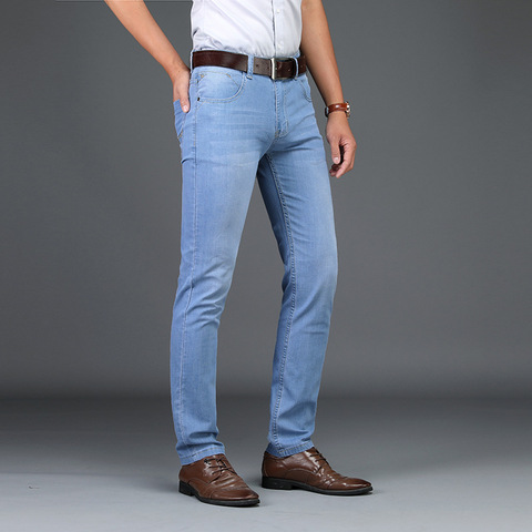 Pantalones vaqueros ajustados elásticos para hombre, pantalón informal, azul claro, Vintage, para primavera y verano, 2022 ► Foto 1/6