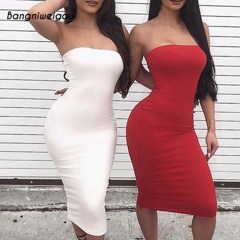 Bangniweigou Sexy fuera del hombro tubo vestido verano Mujer negro blanco básico ceñido al cuerpo vestido de sol sin tirantes elástico vendaje bata Mujer ► Foto 1/6