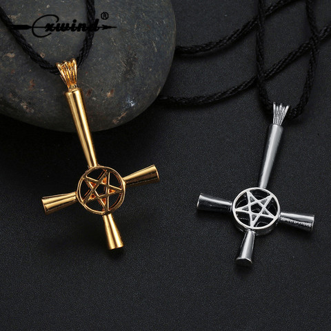 Cxwind-collar cruzado de pentagrama para hombre, Gargantilla con símbolo satánico, runas colgantes al revés de Lucifer Satan, joyería llamativa ► Foto 1/6