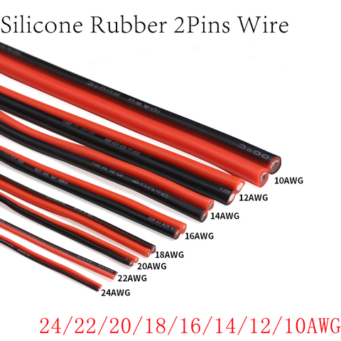 Cable eléctrico de cobre de goma de silicona Ultra suave, Conector de lámpara, 1M, 8, 10, 12, 14, 16, 18, 20, 22, 2426, 28 AWG, 2 pines, color negro y rojo ► Foto 1/6