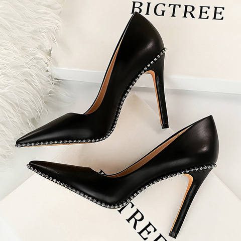 BIGTREE-zapatos de tacón alto con remaches para mujer, Stiletto de piel sintética, sexys, para fiesta, de talla grande 43, novedad de 2022 ► Foto 1/6