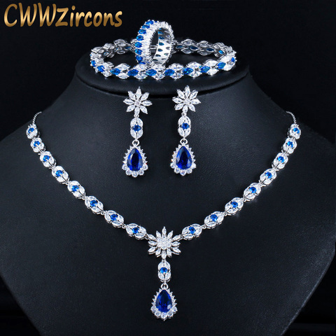 CWWZircons-collar de boda con flor de cristal de circón azul, pendiente, pulsera, anillo, traje de novia, conjuntos de joyería, 4 Uds., T439 ► Foto 1/6