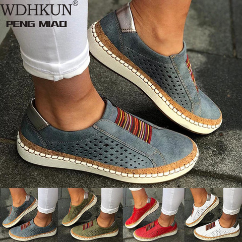 WDHKUN-zapatillas de deporte sin cordones para mujer, mocasines poco profundos vulcanizados, zapatos informales transpirables con agujeros, zapatos planos de cuero para mujer ► Foto 1/6