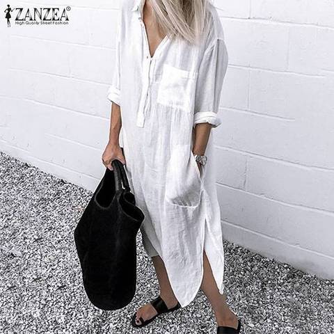 ZANZEA-camisas largas para mujer, Vestidos informales de oficina y de trabajo de dama con solapa, Vestidos de algodón tipo túnica, estilo camisa, Vestidos para mujer 2022 ► Foto 1/6