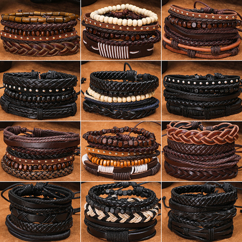 2022 Regalos de cuero hechos a mano de moda para hombres Pulsera Cuentas de madera Padre Pulseras de eslabones de cadena Brazaletes Pulsera masculina ajustable Accesorios de joyería Venta al por mayor Dropshipping ► Foto 1/6