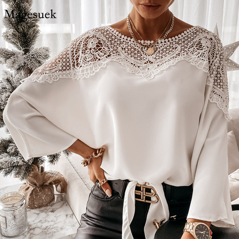 Blusa de encaje con bordado de ganchillo para otoño, camisa Sexy blanca con costura de encaje para mujer, Top Vintage de talla grande, 12459 ► Foto 1/6