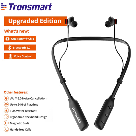 Tronsmart-auriculares inalámbricos S2 Plus con Bluetooth 5,0, dispositivo de audio con banda para el cuello, Control por voz, graves profundos, 24H de reproducción, Qualcomm Chip ► Foto 1/6
